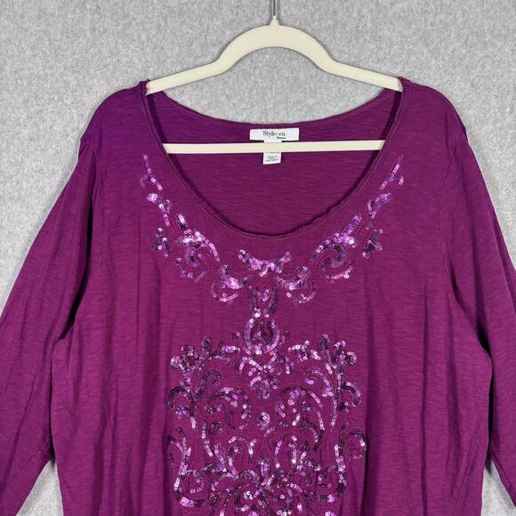 Style & Co Tunic Top 1X Purple Sequin Embellished Soft Thin Artsy Stretch Jersey - Picture 2 of 11